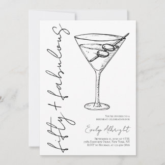 Fifty and Fabulous Black Script Line Art Martini Einladung
