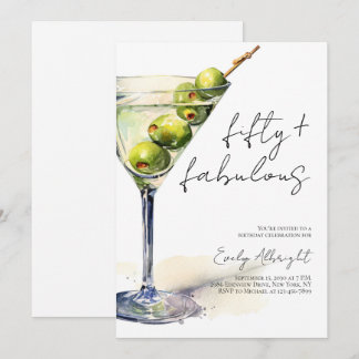 Fifty and Fabulous Black Script Watercolor Martini Einladung