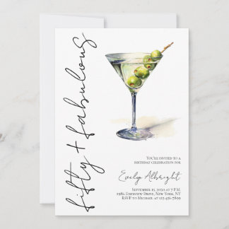 Fifty and Fabulous Black Script Watercolor Martini Einladung