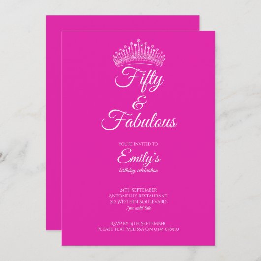 Fifty and Fabulous Crown Pink Birthday Einladung (Vorne/Hinten)