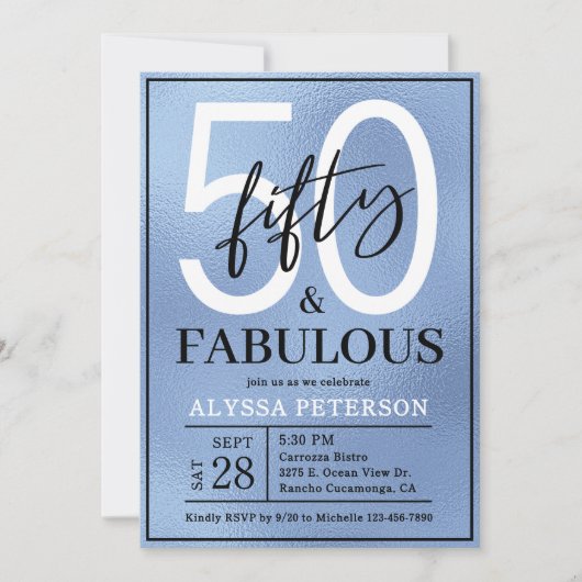 Fifty and Fabulous Dusty Blue Script 50th Birthday Einladung (Vorderseite)