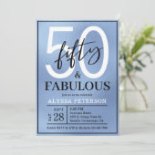 Fifty and Fabulous Dusty Blue Script 50th Birthday Einladung (Stehend Vorderseite)