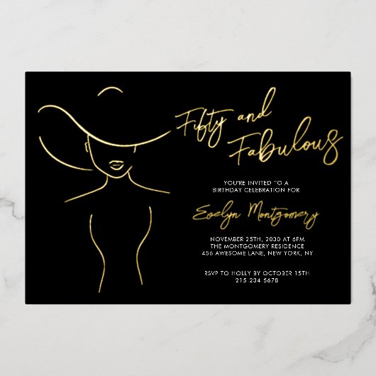 Fifty and Fabulous Foil Line Art Birthday Party Folieneinladung (Vorderseite)
