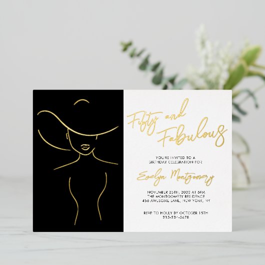 Fifty and Fabulous Foil Line Art Birthday Party  Folieneinladung (Stehend vorne)