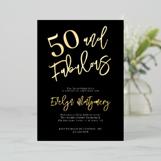 Fifty and Fabulous Gold Black 50th Birthday Party  Folieneinladung (Stehend vorne)