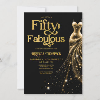 Fifty and Fabulous Gold Dress Black 50th Birthday Einladung
