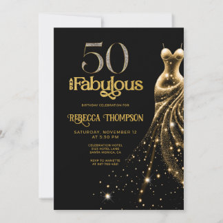 Fifty and Fabulous Gold Dress Black 50th Birthday Einladung