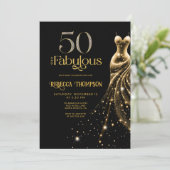 Fifty and Fabulous Gold Dress Black 50th Birthday Einladung (Stehend Vorderseite)