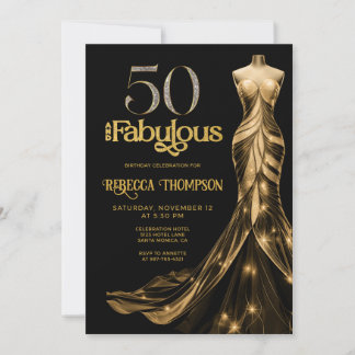 Fifty and Fabulous Gold Dress Black 50th Birthday Einladung