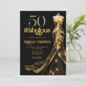 Fifty and Fabulous Gold Dress Black 50th Birthday Einladung (Stehend Vorderseite)