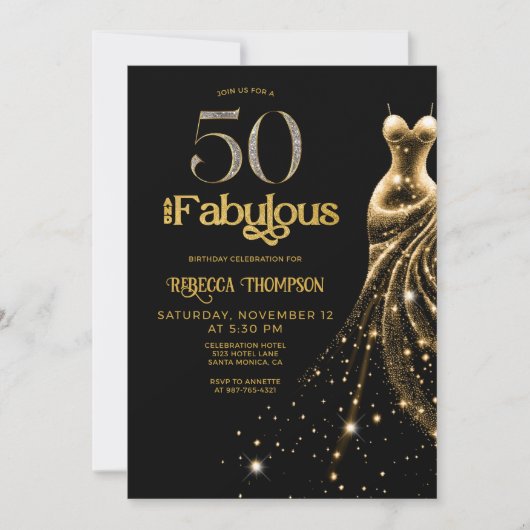 Fifty and Fabulous Gold Dress Black 50th Birthday Einladung (Vorderseite)