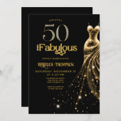 Fifty and Fabulous Gold Dress Black 50th Birthday Einladung (Vorne/Hinten)