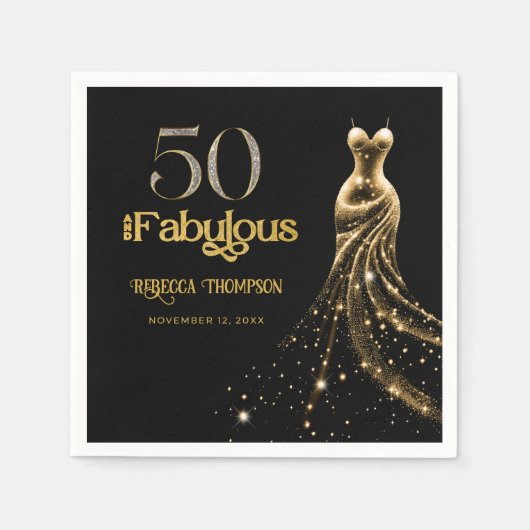 Fifty and Fabulous Gold Dress Black 50th Birthday Serviette (Vorderseite)
