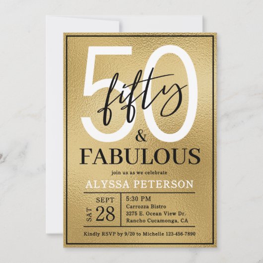 Fifty and Fabulous Gold Script 50th Birthday Einladung (Vorderseite)