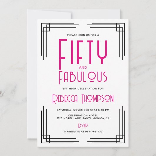 Fifty and Fabulous Hot Pink Art Deco 50th Birthday Einladung (Vorderseite)