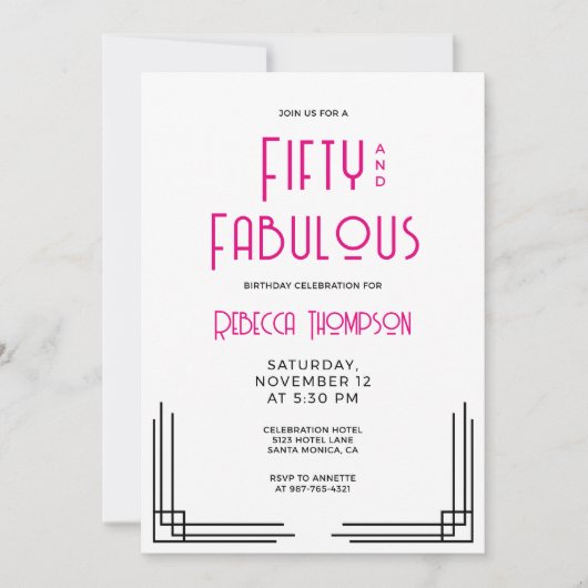 Fifty and Fabulous Hot Pink Art Deco 50th Birthday Einladung (Vorderseite)