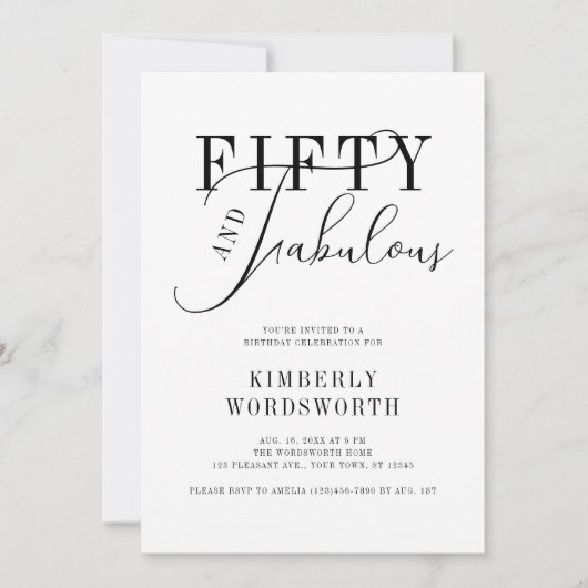 Fifty and Fabulous Minimal Script 50th Birthday Einladung (Vorderseite)