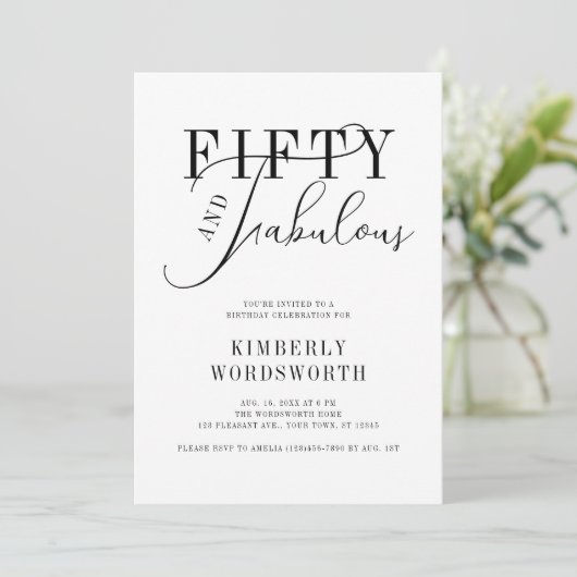 Fifty and Fabulous Minimal Script 50th Birthday Einladung (Stehend Vorderseite)