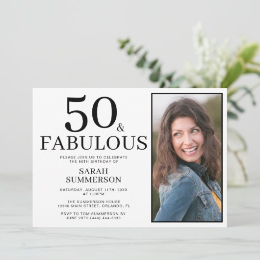 Fifty and Fabulous Photo 50th Birthday Party Einladung (Stehend Vorderseite)