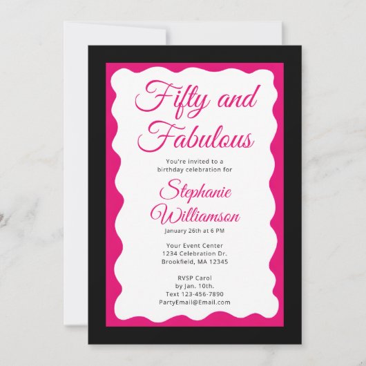 Fifty and Fabulous Pink and Black Script Einladung (Vorderseite)