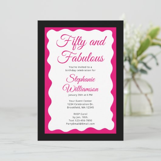 Fifty and Fabulous Pink and Black Script Einladung (Stehend Vorderseite)