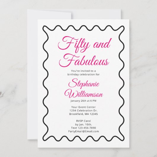 Fifty and Fabulous Pink and Black Script Einladung (Vorderseite)