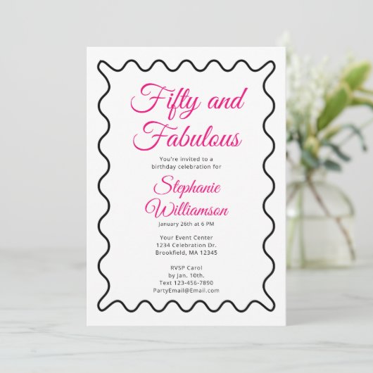 Fifty and Fabulous Pink and Black Script Einladung (Stehend Vorderseite)