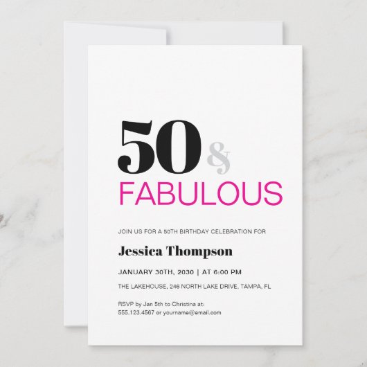 Fifty and Fabulous Pink Typography 50 Birthday Einladung (Vorderseite)