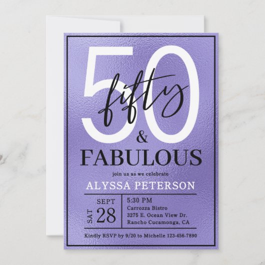 Fifty and Fabulous Purple Script 50th Birthday Einladung (Vorderseite)