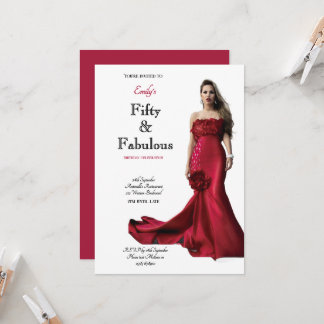 Fifty and Fabulous Red Dress Script Birthday Einladung