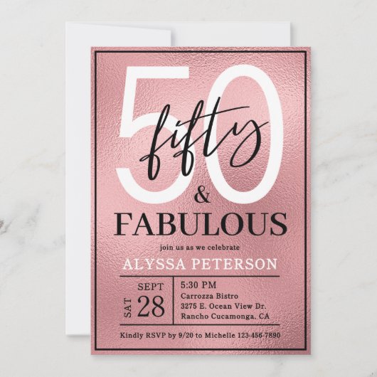 Fifty and Fabulous Rose Gold Script 50th Birthday Einladung (Vorderseite)