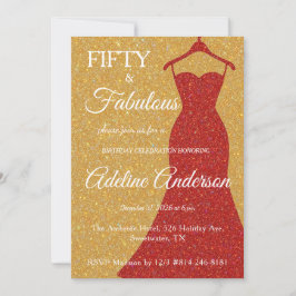 Fifty and Fabulous Script Gold Red White 50th Einladung