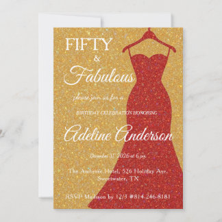 Fifty and Fabulous Script Gold Red White 50th Einladung
