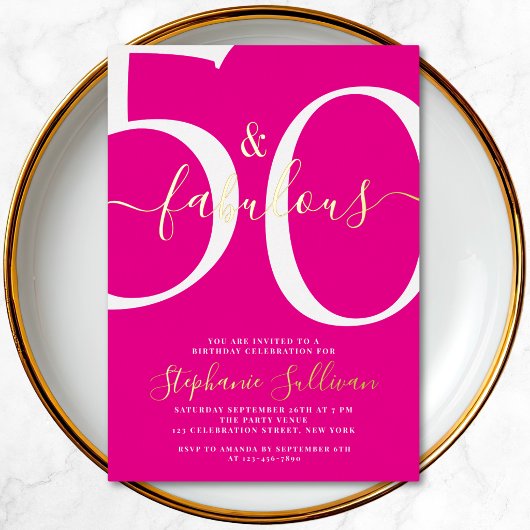 Fifty and Fabulous Script Pink Birthday Party Folieneinladung