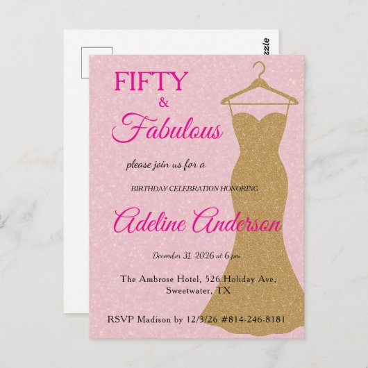Fifty and Fabulous Script Pink Gold 50th Birthday Postkarte (Vorne/Hinten)