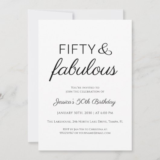 Fifty and Fabulous Script Text 50th Birthday Party Einladung (Vorderseite)