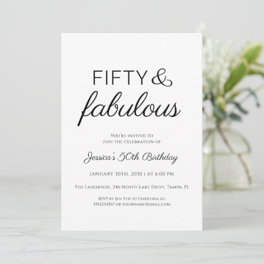 Fifty and Fabulous Script Text 50th Birthday Party Einladung (Stehend Vorderseite)