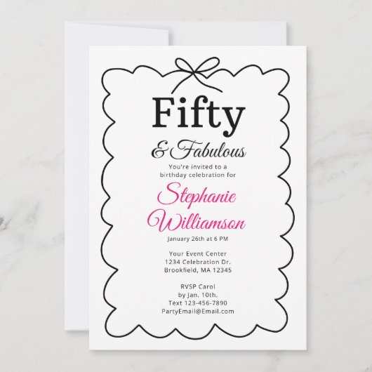 Fifty and Fabulous Whimsical Black and Pink Script Einladung (Vorderseite)