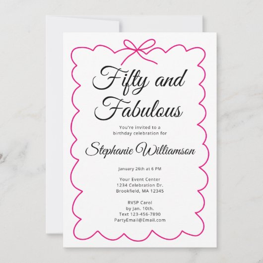 Fifty and Fabulous Whimsical Pink and Black Script Einladung (Vorderseite)