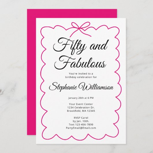 Fifty and Fabulous Whimsical Pink and Black Script Einladung (Vorne/Hinten)