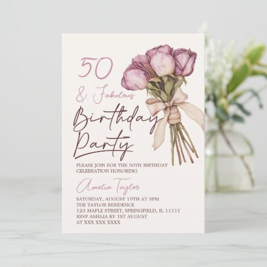 Fifty Boho Floral Geburtstag Einladung (Stehend Vorderseite)