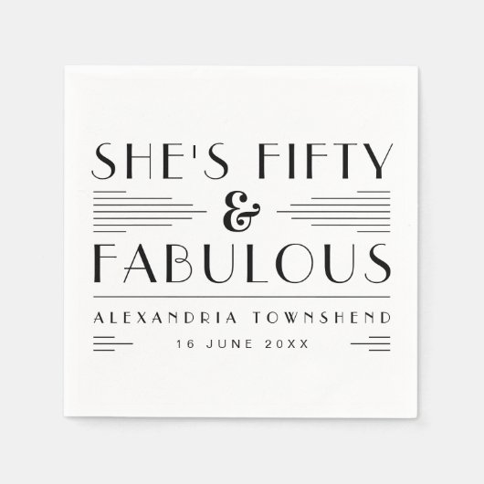 Fifty & Fabulous Art Deco Name Date 50th Birthday Serviette (Vorderseite)