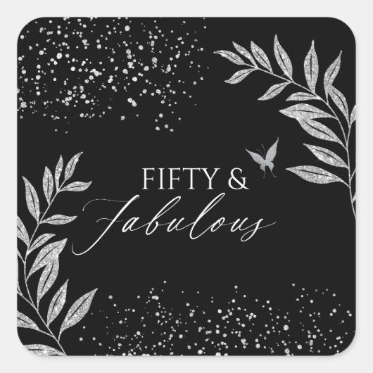 Fifty & Fabulous Black Glam 50th bithday Quadratischer Aufkleber (Vorderseite)