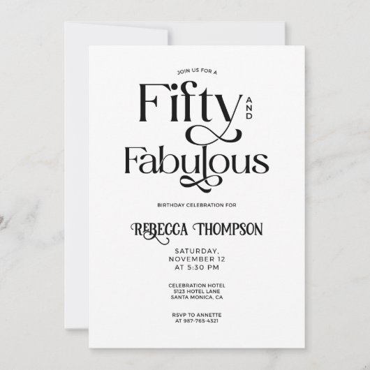 Fifty Fabulous Black White Script 50th Birthday Einladung (Vorderseite)