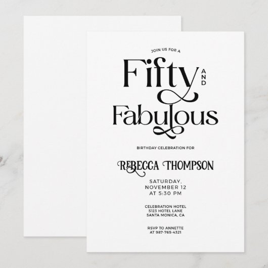 Fifty Fabulous Black White Script 50th Birthday Einladung (Vorne/Hinten)