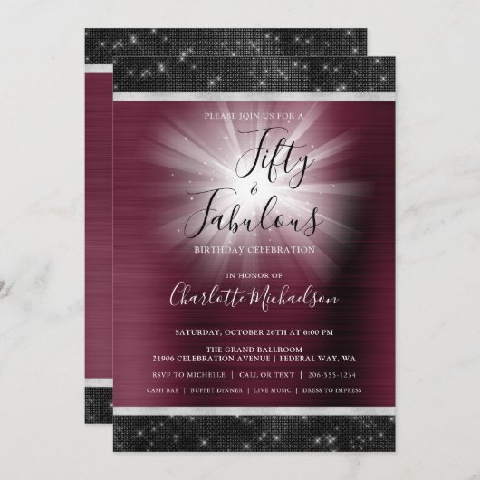 Fifty & Fabulous Burgundy Black Sparkle Glam Einladung (Vorne/Hinten)