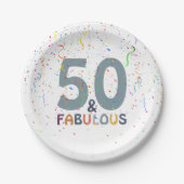 Fifty & Fabulous Fun Confetti Blaue Typografie Pappteller (Vorderseite)