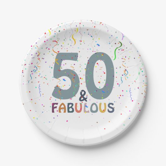 Fifty & Fabulous Fun Confetti Blaue Typografie Pappteller (Vorderseite)