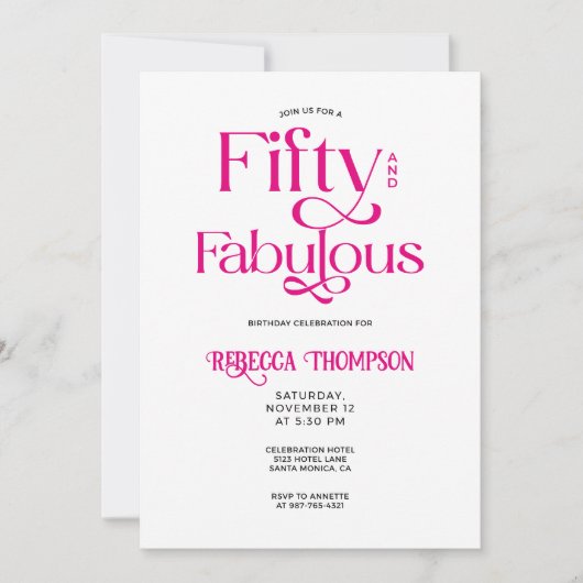 Fifty Fabulous Hot Pink Script 50th Birthday Einladung (Vorderseite)