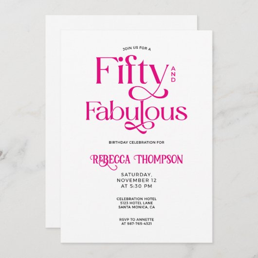 Fifty Fabulous Hot Pink Script 50th Birthday Einladung (Vorne/Hinten)
